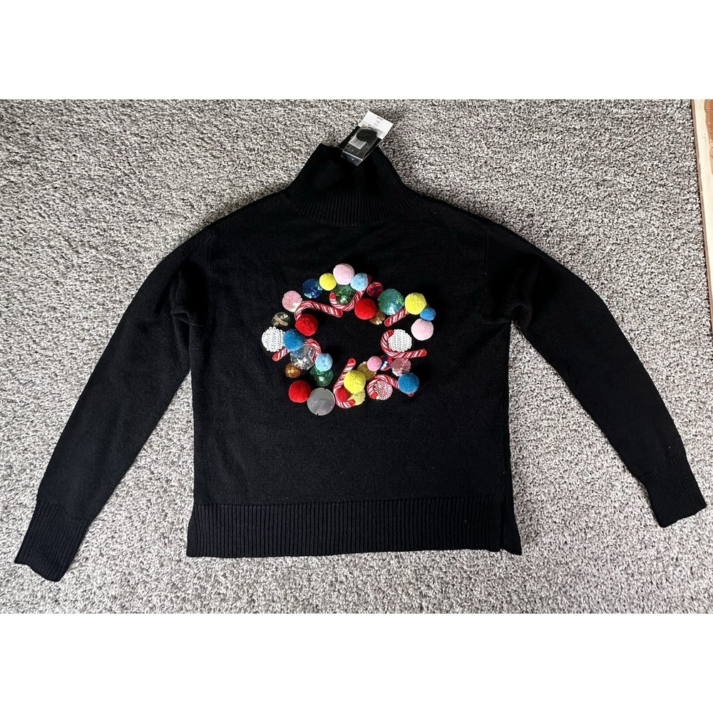 Topshop Black‎ 3D Wreath Pom Pom Sequin Christmas Sweater - Size 2 Brand New Tag